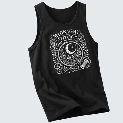 Folk art moon moth with text 'Midnight Stitcher' in pastel colors — printed on a tank top