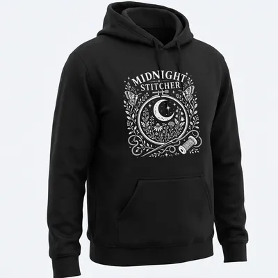 Folk art moon moth with text 'Midnight Stitcher' in pastel colors — printed on a unisex hoodie