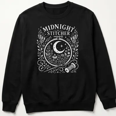 Folk art moon moth with text 'Midnight Stitcher' in pastel colors — printed on a unisex sweatshirt