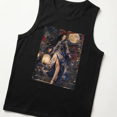 Anime style female character in kimono under a lantern, in blue, white, and red tones — printed on a tank top