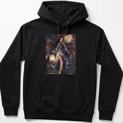 Anime style female character in kimono under a lantern, in blue, white, and red tones — printed on a unisex hoodie