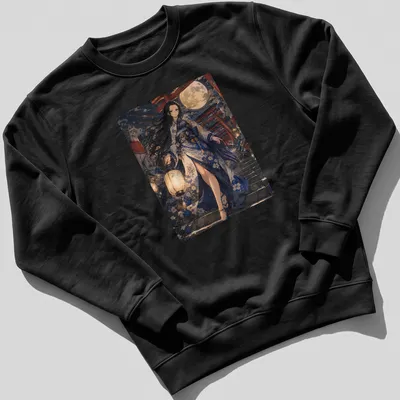 Anime style female character in kimono under a lantern, in blue, white, and red tones — printed on a unisex sweatshirt