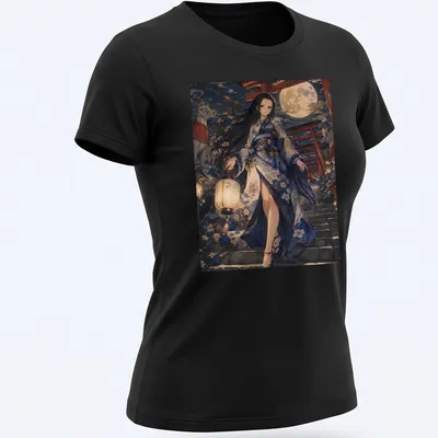 Anime style female character in kimono under a lantern, in blue, white, and red tones — printed on a women's shirt