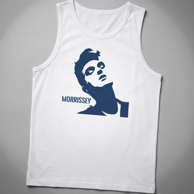 Minimalist Morrissey t-shirt featuring bold typography in navy and white — printed on a tank top