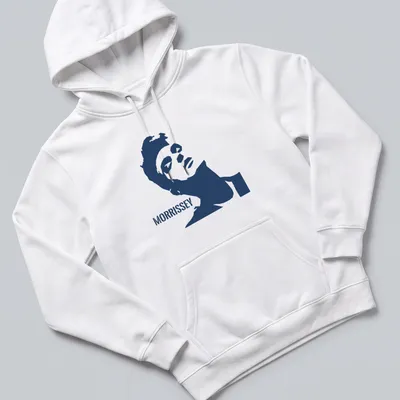 Minimalist Morrissey t-shirt featuring bold typography in navy and white — printed on a unisex hoodie
