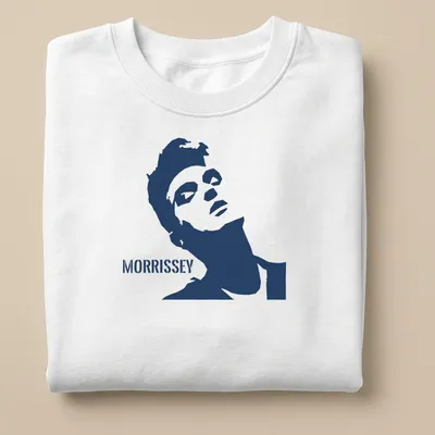 Minimalist Morrissey t-shirt featuring bold typography in navy and white — printed on a unisex sweatshirt