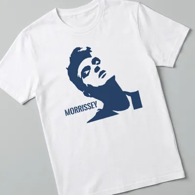 Minimalist Morrissey t-shirt featuring bold typography in navy and white