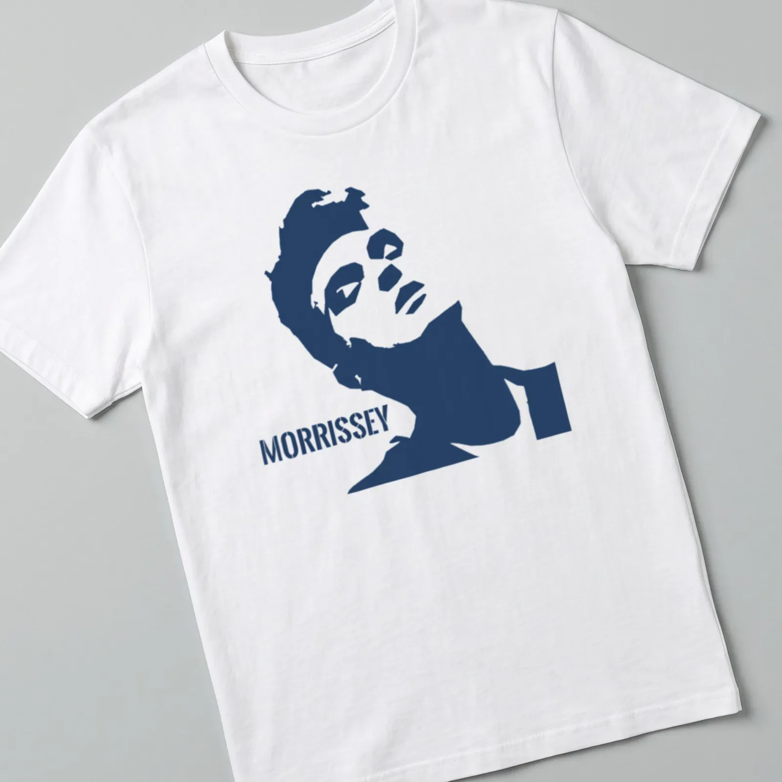 Minimalist Morrissey t-shirt featuring bold typography in navy and white — printed on a unisex t-shirt