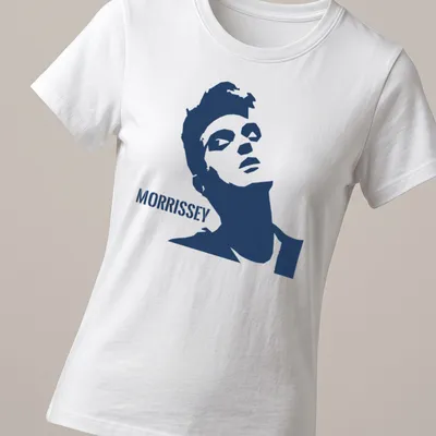 Minimalist Morrissey t-shirt featuring bold typography in navy and white — printed on a women's shirt