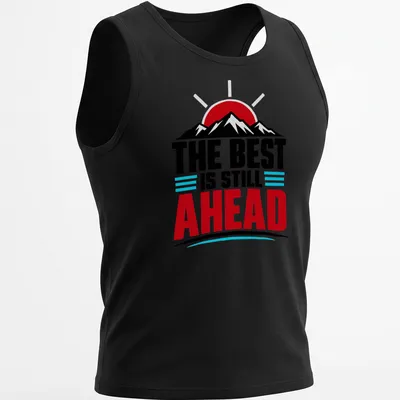 Bold graphic of a mountain landscape with inspirational text in red and blue — printed on a tank top