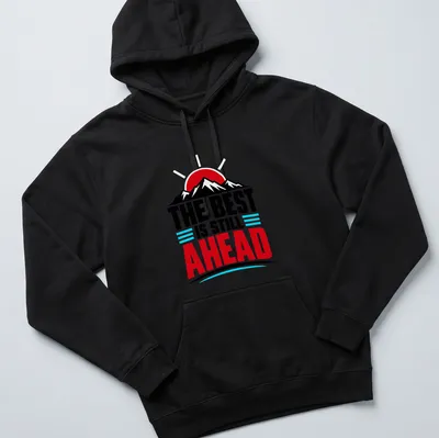 Bold graphic of a mountain landscape with inspirational text in red and blue — printed on a unisex hoodie