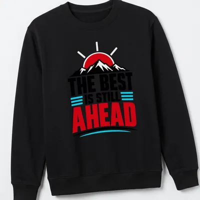 Bold graphic of a mountain landscape with inspirational text in red and blue — printed on a unisex sweatshirt