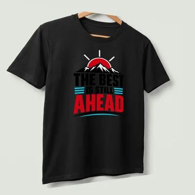 Bold graphic of a mountain landscape with inspirational text in red and blue — printed on a unisex t-shirt (angled view)