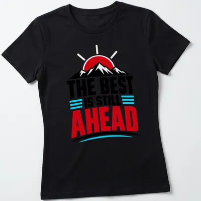 Bold graphic of a mountain landscape with inspirational text in red and blue — printed on a women's shirt