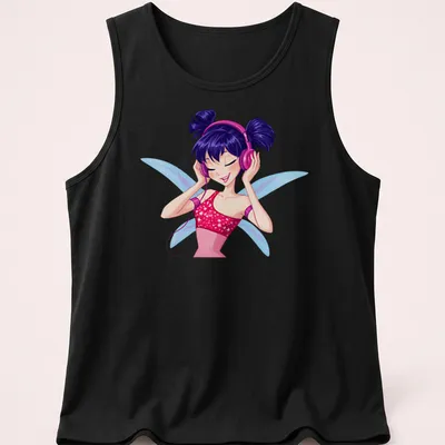 Colorful cartoon Musa fairy with purple wings listening to music — printed on a tank top