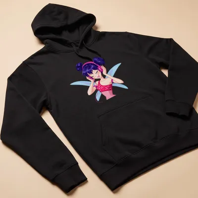 Colorful cartoon Musa fairy with purple wings listening to music — printed on a unisex hoodie
