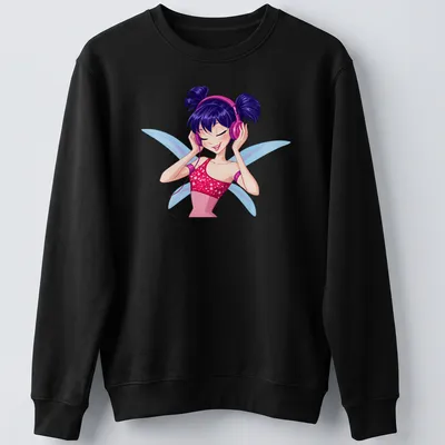 Colorful cartoon Musa fairy with purple wings listening to music — printed on a unisex sweatshirt