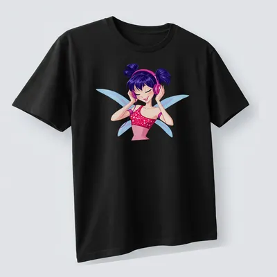 Colorful cartoon Musa fairy with purple wings listening to music — printed on a unisex t-shirt (angled view)