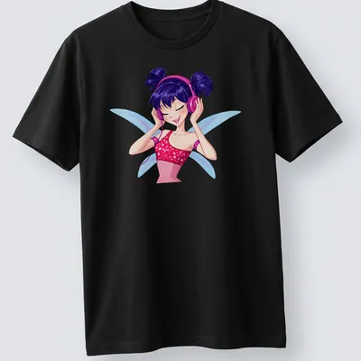 Colorful cartoon Musa fairy with purple wings listening to music