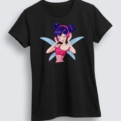 Colorful cartoon Musa fairy with purple wings listening to music — printed on a women's shirt