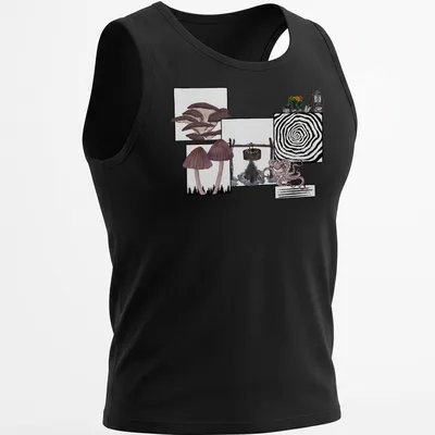 Whimsical collage of mushrooms and a lantern in purple, brown, and green. — printed on a tank top