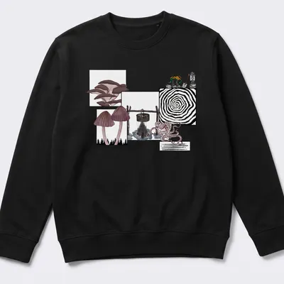 Whimsical collage of mushrooms and a lantern in purple, brown, and green. — printed on a unisex sweatshirt