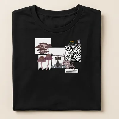 Whimsical collage of mushrooms and a lantern in purple, brown, and green. — printed on a women's shirt