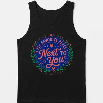 Vintage badge design tee with romantic text in navy, pink, and green. — printed on a tank top