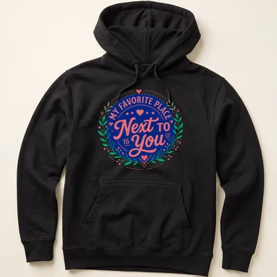 Vintage badge design tee with romantic text in navy, pink, and green. — printed on a unisex hoodie