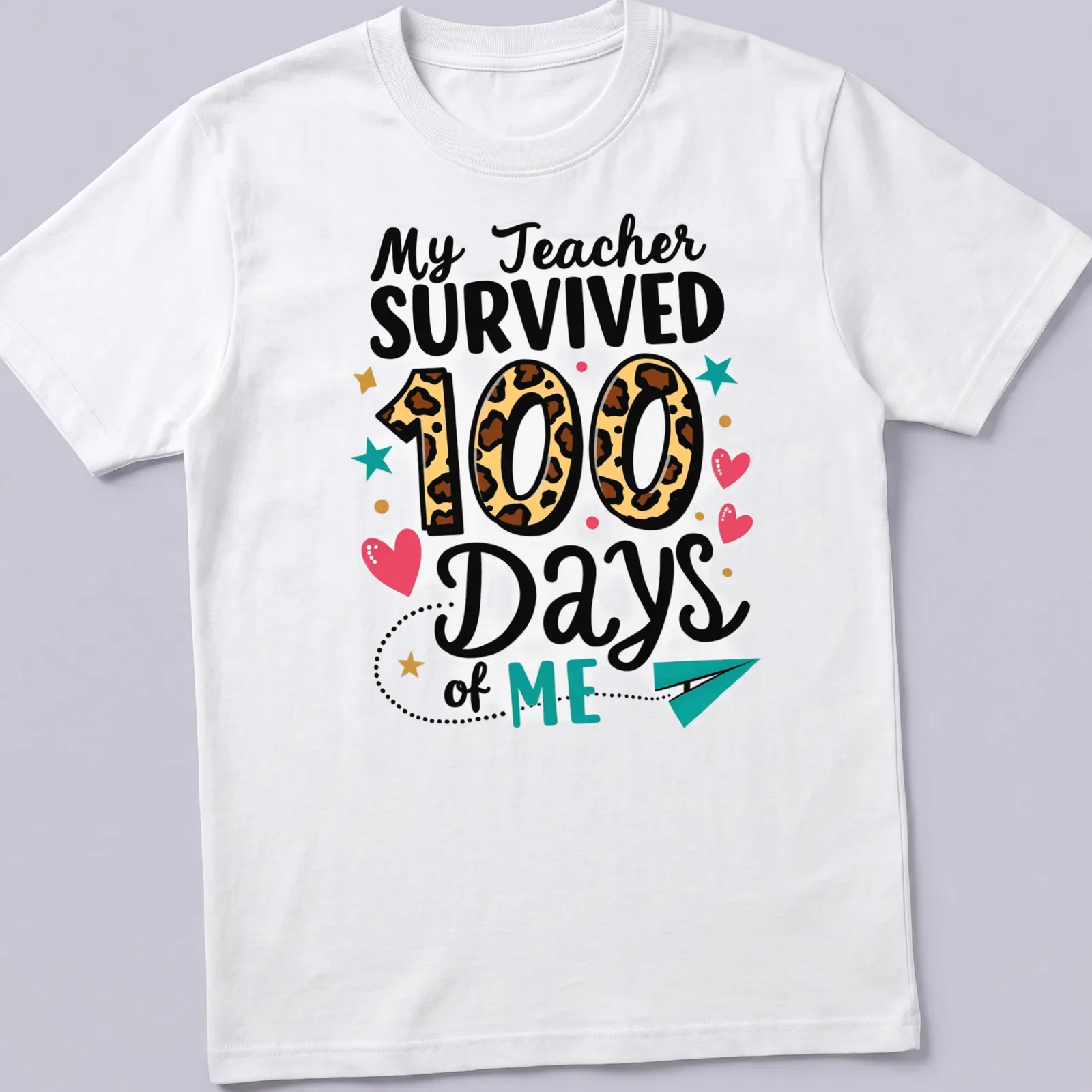 Colorful playful design with leopard print and text celebrating teachers — printed on a unisex t-shirt