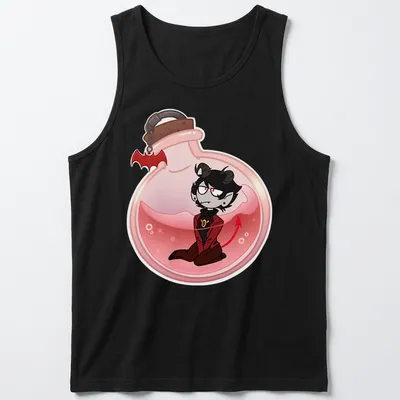 Kawaii cartoon of a character inside a potion bottle with colorful accents — printed on a tank top