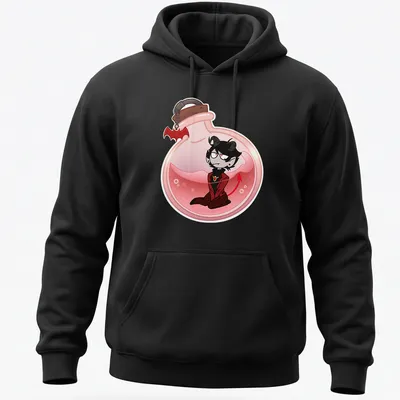 Kawaii cartoon of a character inside a potion bottle with colorful accents — printed on a unisex hoodie