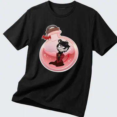 Kawaii cartoon of a character inside a potion bottle with colorful accents