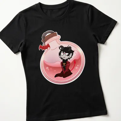 Kawaii cartoon of a character inside a potion bottle with colorful accents — printed on a women's shirt