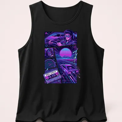 Retro synthwave graphic of a neon driver with playful text — printed on a tank top
