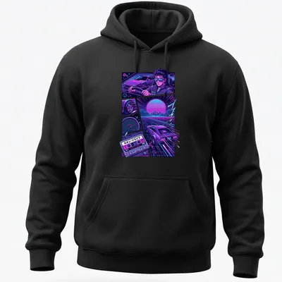 Retro synthwave graphic of a neon driver with playful text — printed on a unisex hoodie
