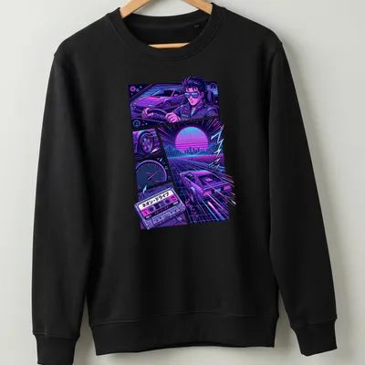 Retro synthwave graphic of a neon driver with playful text — printed on a unisex sweatshirt