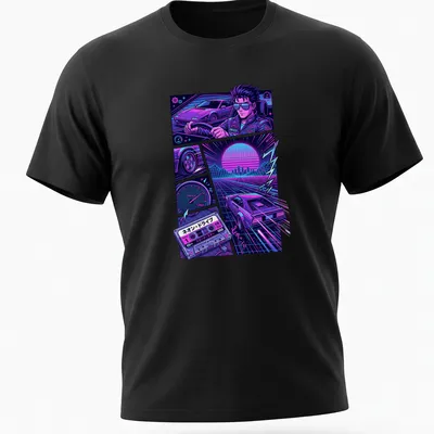 Retro synthwave graphic of a neon driver with playful text