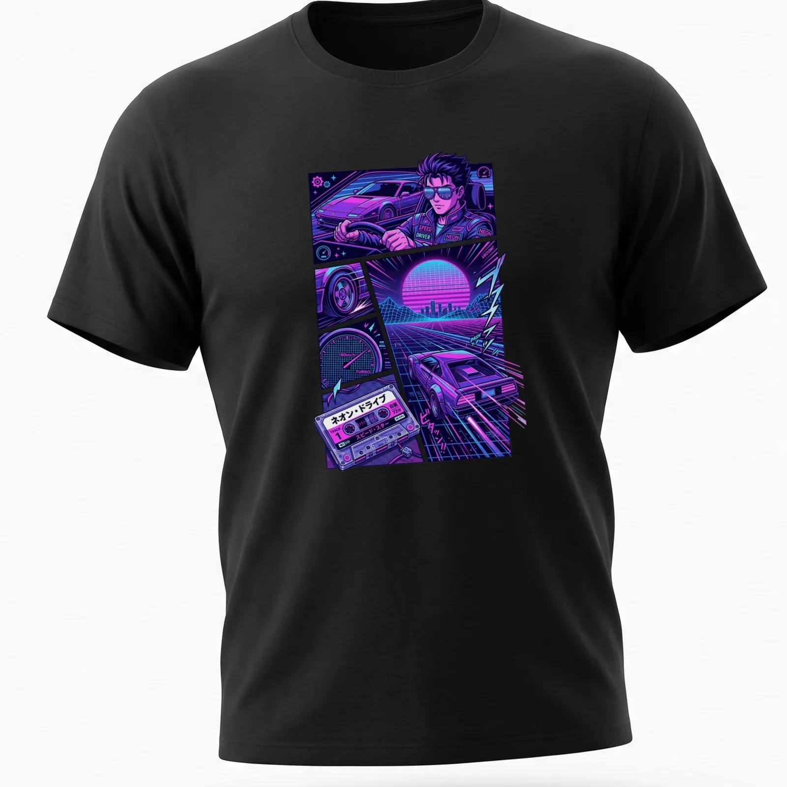 Retro synthwave graphic of a neon driver with playful text — printed on a unisex t-shirt