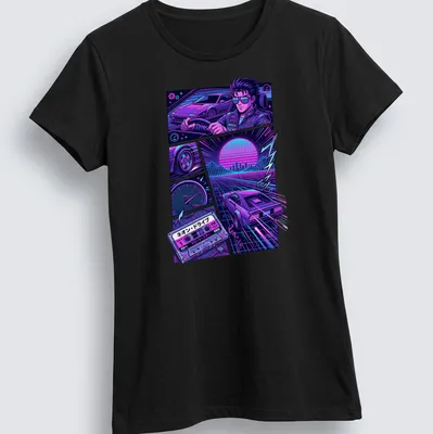 Retro synthwave graphic of a neon driver with playful text — printed on a women's shirt