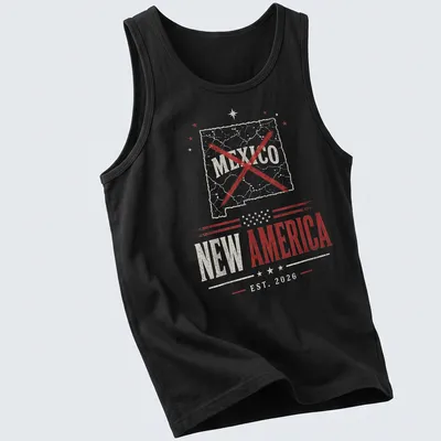 Distressed print of New Mexico statement in red and gray lettering — printed on a tank top
