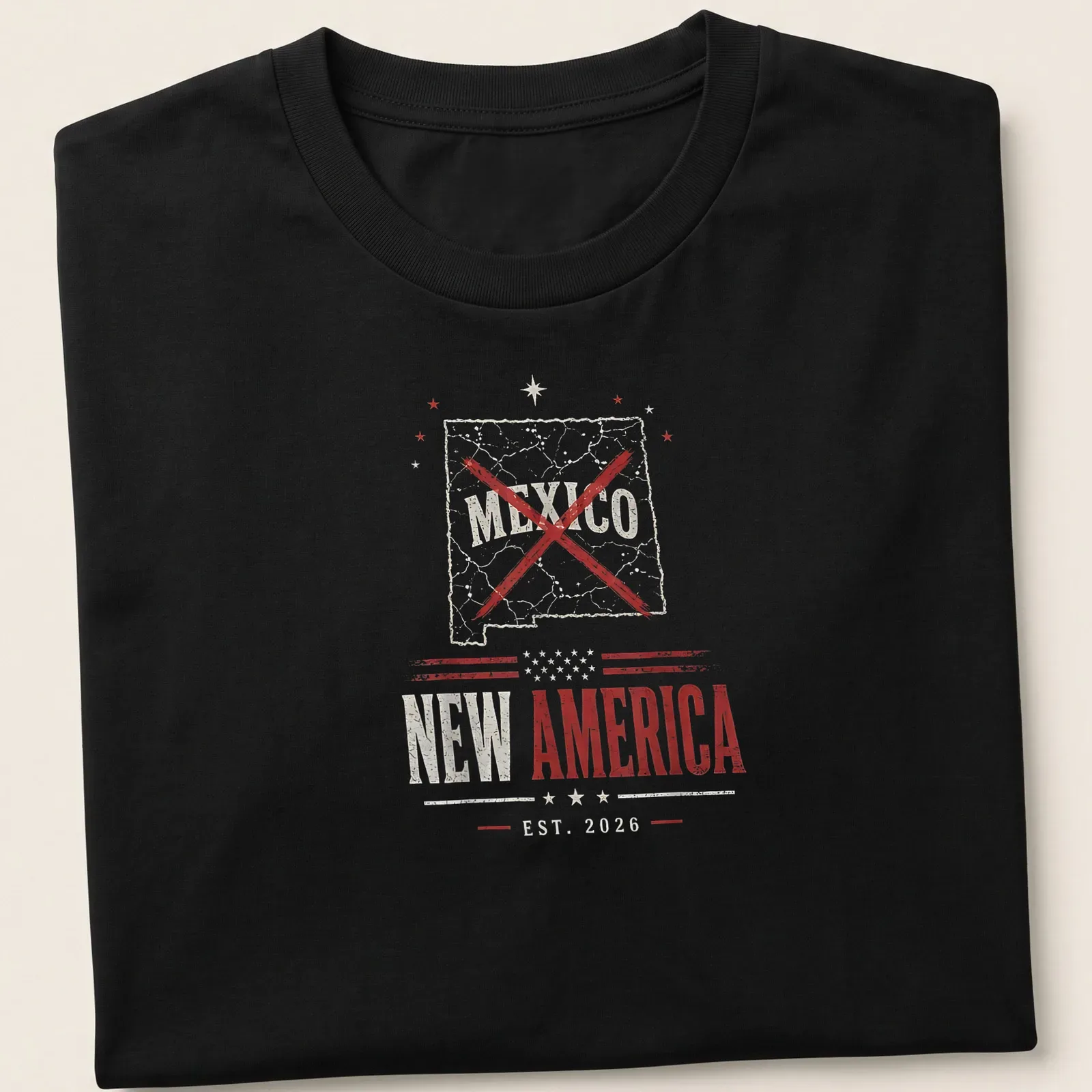 Distressed print of New Mexico statement in red and gray lettering — printed on a unisex t-shirt