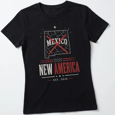 Distressed print of New Mexico statement in red and gray lettering — printed on a women's shirt