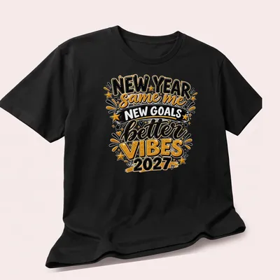 Bold typography shirt with inspiring New Year message for 2027 — printed on a unisex t-shirt (angled view)