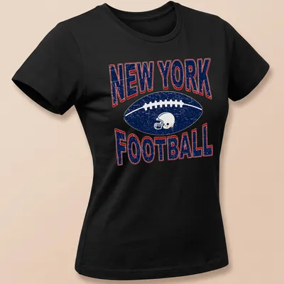 Retro distressed New York Football t-shirt featuring bold lettering and American football graphic — printed on a women's shirt