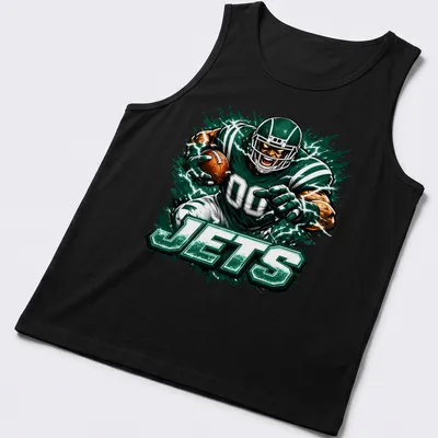 Dynamic print of a football player in action with 'JETS' text. — printed on a tank top