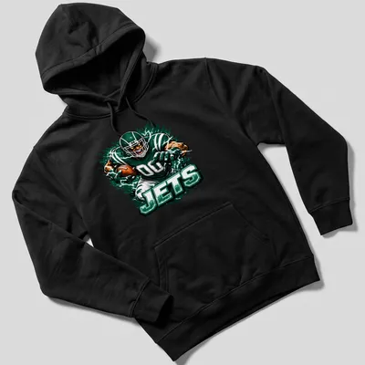 Dynamic print of a football player in action with 'JETS' text. — printed on a unisex hoodie