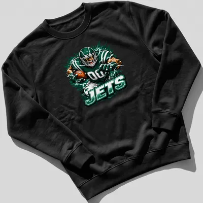 Dynamic print of a football player in action with 'JETS' text. — printed on a unisex sweatshirt