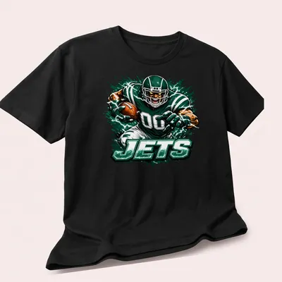Dynamic print of a football player in action with 'JETS' text. — printed on a unisex t-shirt (angled view)