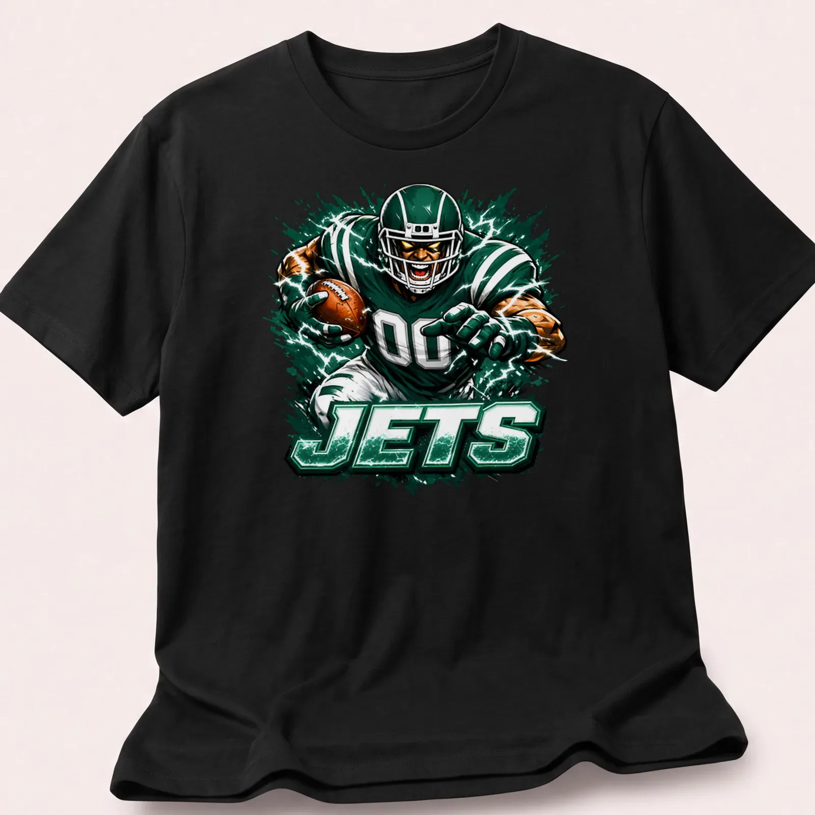 Dynamic print of a football player in action with 'JETS' text. — printed on a unisex t-shirt